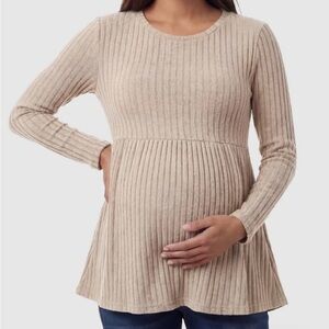 Ribbed Knit Long Sleeve Maternity Top in Khaki